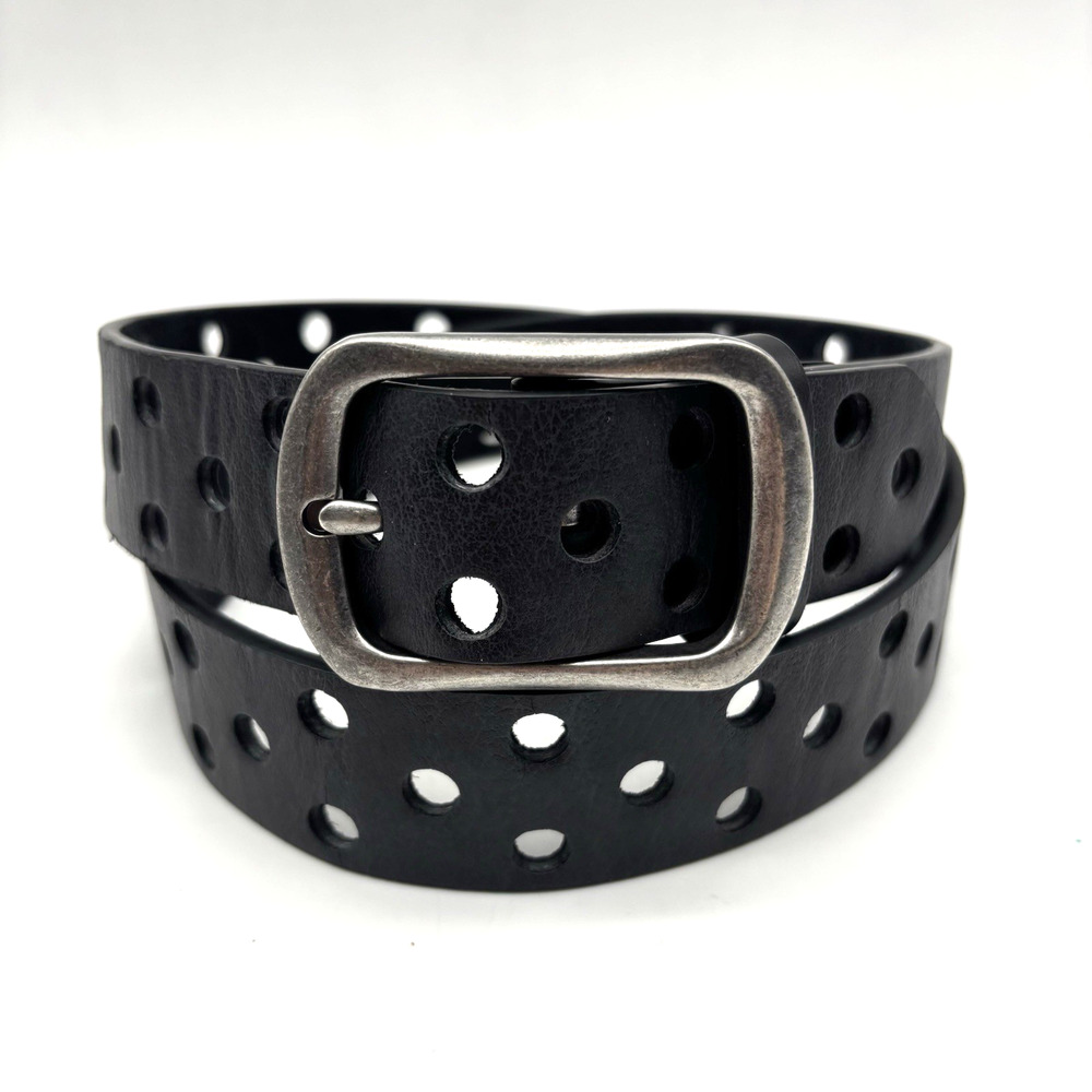 Vintage Y2K Black Genuine Leather Single Prong 3-row Holes Belt S/M Up to 36"